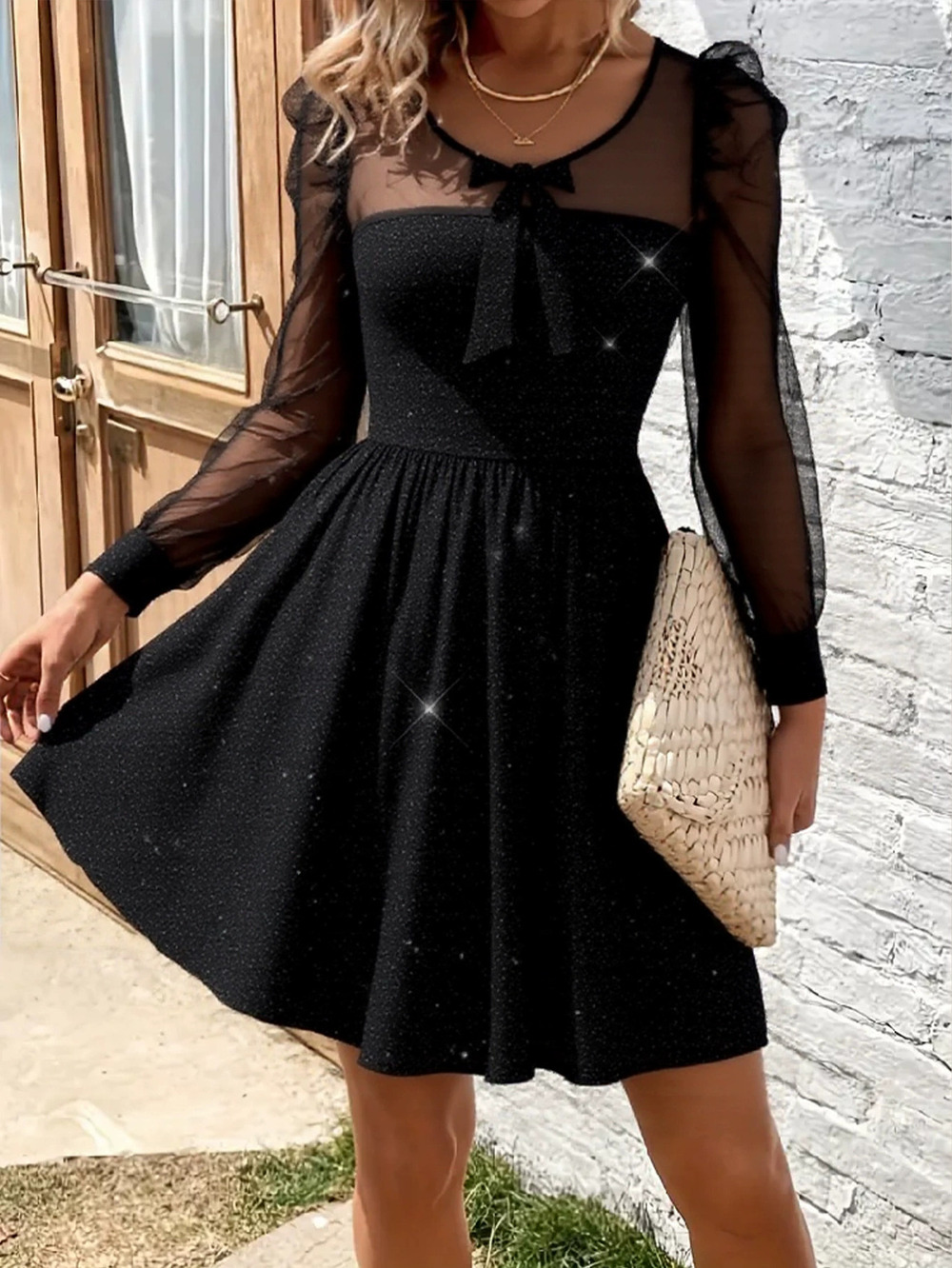 Zara New Summer Black Round Neck Long Sleeve Sequin Mini Dress